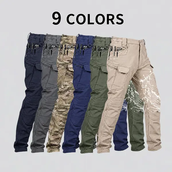 Men’s solid-color tactical work pants, 230 g/m² new fabric, with multiple pockets and zipper closures; durable outdoor training pants available in multiple colors—ideal for fishing, work, and camping; suitable for spring and autumn wear.