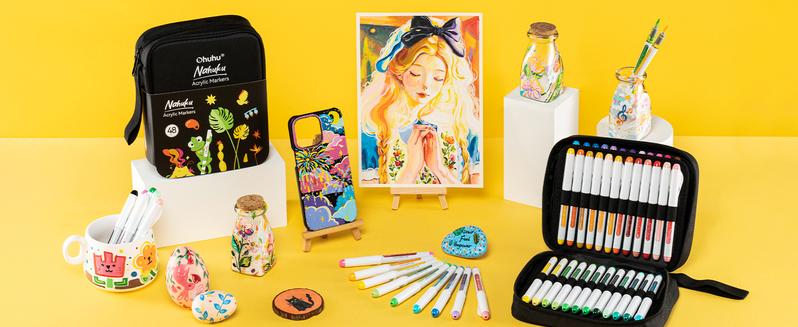 Ohuhu Acrylic Brush Tip Paint Markers 24 Pack/ 48 pack Vibrant Colors with Flexible Brush Tips High-Opacity Waterproof Lightfast Pens for Rock Wood Glass & More