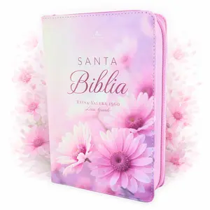 Biblia para Mujer con Cierre Portatil Letra Grande 12 puntos RV1960 imit piel duotono blanco y rosa margaritas con indice y canto floral