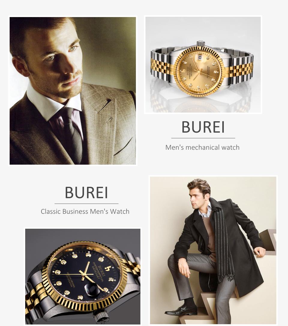 BUREI Men's Luxury Automatic Watch Two Tones Stainless Steel Dress Wrist Watches Self-Winding