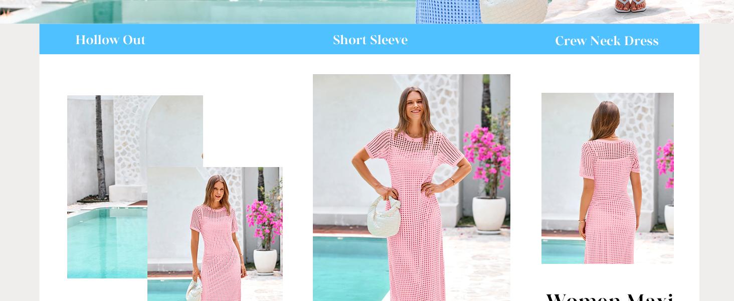 PrettyGarden Womens Eyelet Cover Up Dress Summer Resort Maxi Dress with Beach Short Sleeves, Hollow Out Design & Hollow Out Sundress Style