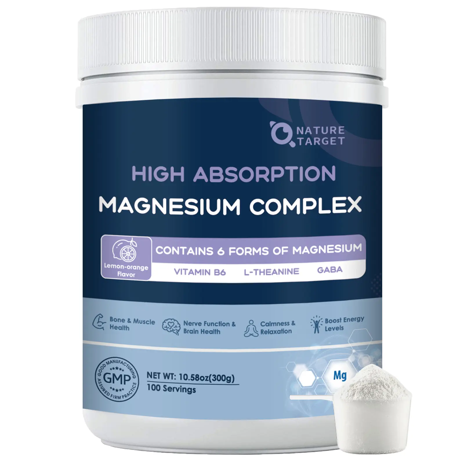 NATURE TARGET Magnesium Powder Supplement - Glycinate, Citrate, Malate Complex with L-Theanine, Vitamin B6 - Vegan, 10.58 oz (100 Servings) Lemon Orange Flavor - Cognitive, Easy Calm, Emotional Regulation, Energy & Focus Heart Support Mineral Supplements,