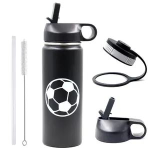 18 oz Soccer Water Bottle with Straw, Sports Flask Metal Travel Tumbler with 2 Lids, BPA Free Stainless Steel Double Wall Vacuum Insulated Leak Proof Thermo Water Bottles, Soccer Gifts for Boys Girls