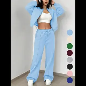 2-piece Set Women's Solid Zip Up Drop Shoulder Jacket & Pocket Elastic Waist Pants, Casual Fashion Cozy Breathable Two Piece Outfits for Daily Outdoor Wear, Ladies Clothes for All Seasons, Clothes