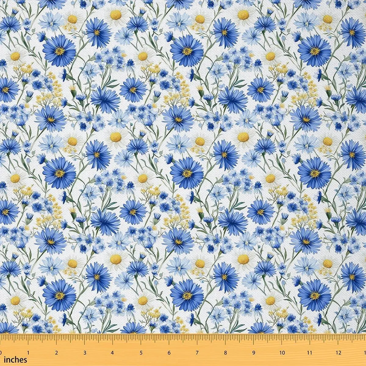Feelyou Daisy Print Soft Flannel Fabric by the Yard, Blue-Yellow Floral Upholstery Fabric, Botanical Theme for DIY Sewing Craft Projects, Natural Look Home Interiors
