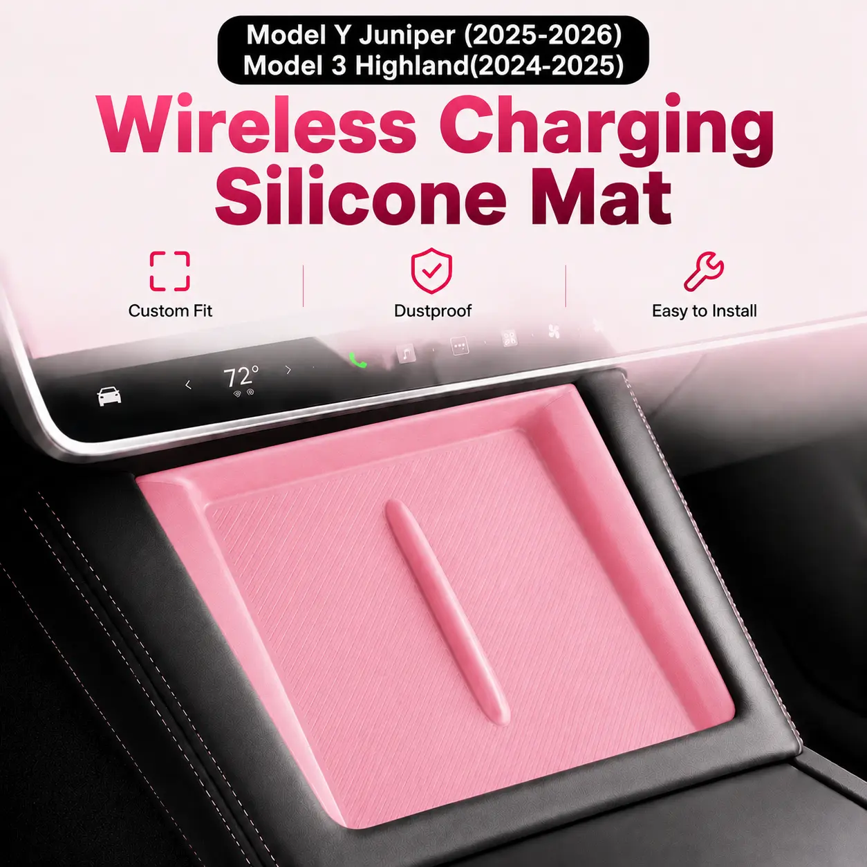 YESHAAN Pink/Black/White Silicone Center Console Wireless Charging Pad for Tesla Model Y Juniper 2025-2026 & Model 3 Highland 2024-2025, Anti-Slip Waterproof Phone Charging Mat