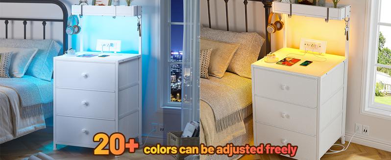 Raybee Tall Nightstand with Charging Station and Led Lights Nightstand with 3 Drawers and Shelves Bedside Table with USB Ports and Outlets, End Table for Bedroom, Side Table with 4 Hooks, Mini Drawer Dresser