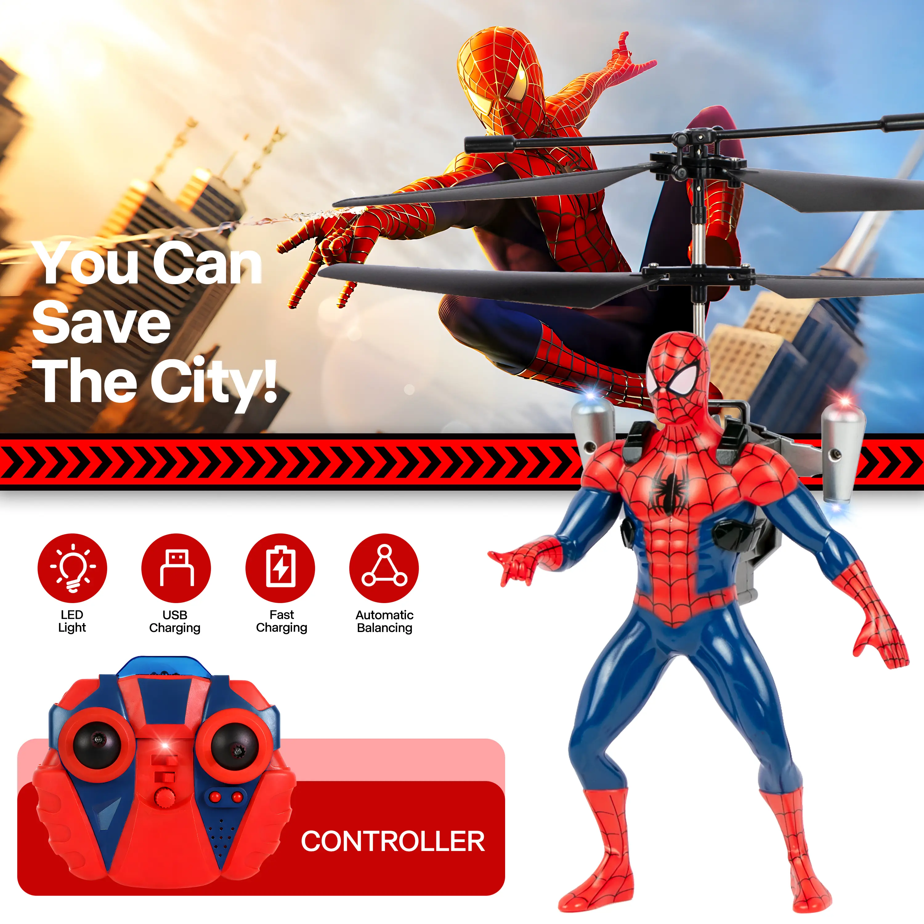 MARVEL Officially Licensed Avengers Spider-Man Edition 2CH IR RC Helicopter - Beginner Friendly, LED Night Glow Lights, Gyro Stabilization for Steadier Hover, Kids Ages 6+ Toy Remote Control Aircraft