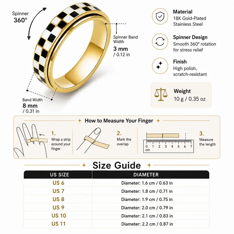 Virelyn Checkered Print Fidget Finger Ring - 18K Gold-Plated Stainless Steel, Unisex Adults' Geometric Stress Relief Fashion Accessory, Quirky Gifts for Women, Daily Wear Costume Gold Rings Accessories Virelyn Checkered Print Fidget Finger Ring - 18K Gold-Plated Stainless Steel, Unisex Adults' Geometric Stress Relief Fashion Accessory, Quirky Gifts for Women, Daily Wear Costume Gold Rings Accessories