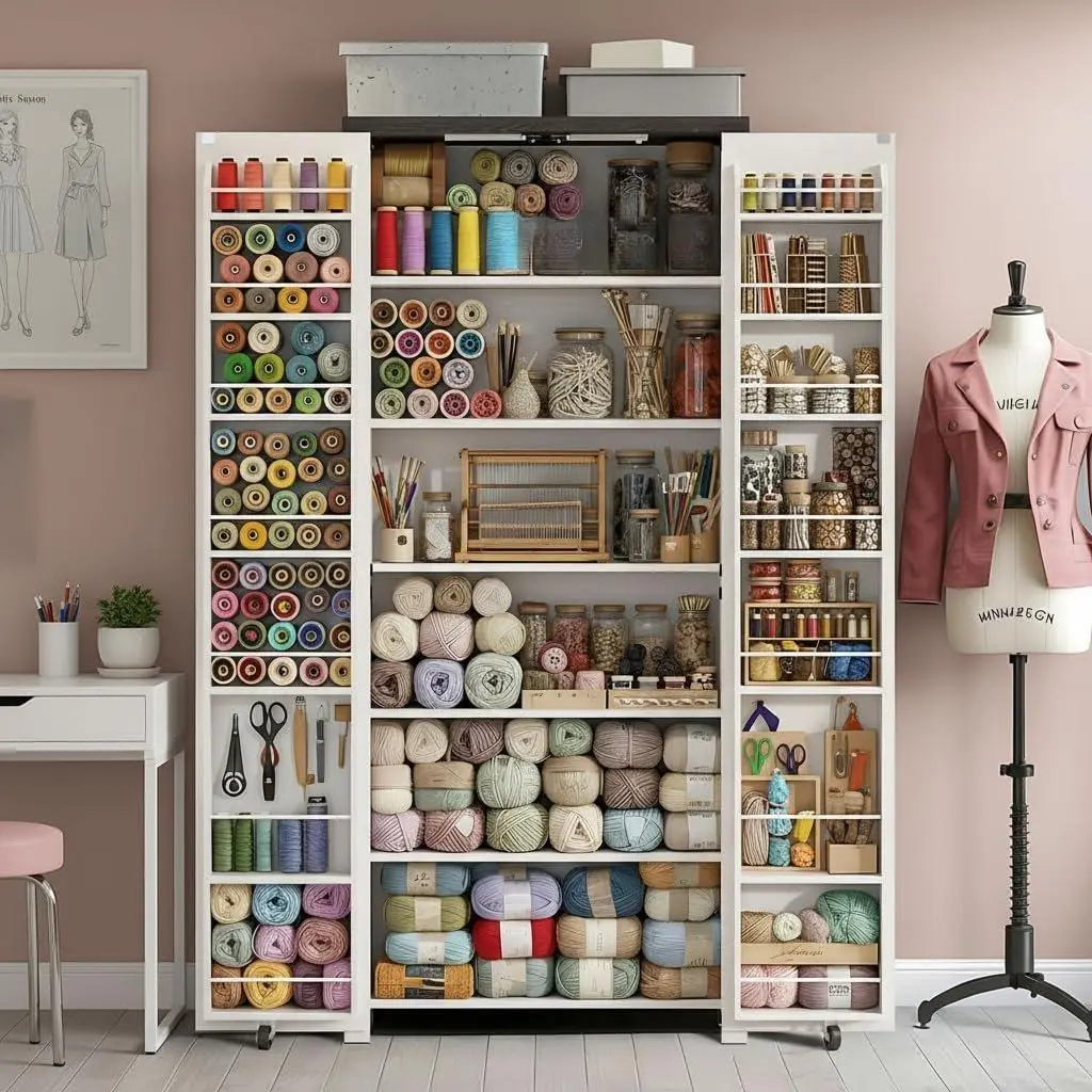 Engineered Wood Freestanding Craft Storage Cabinet - Energy-Efficient LEDs, Adjustable Shelves, Quick-Assembly Furniture Organizer, Dual-Purpose Sewing/Home Office Storage Solution for Craft Room Makeover, Engineered Wood Cupboard, Freestanding Cabinet