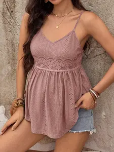 HANNA x SHEIN Maternity Spaghetti Strap Backless Eyelet Embroidery Ruched Casual Camisole Top