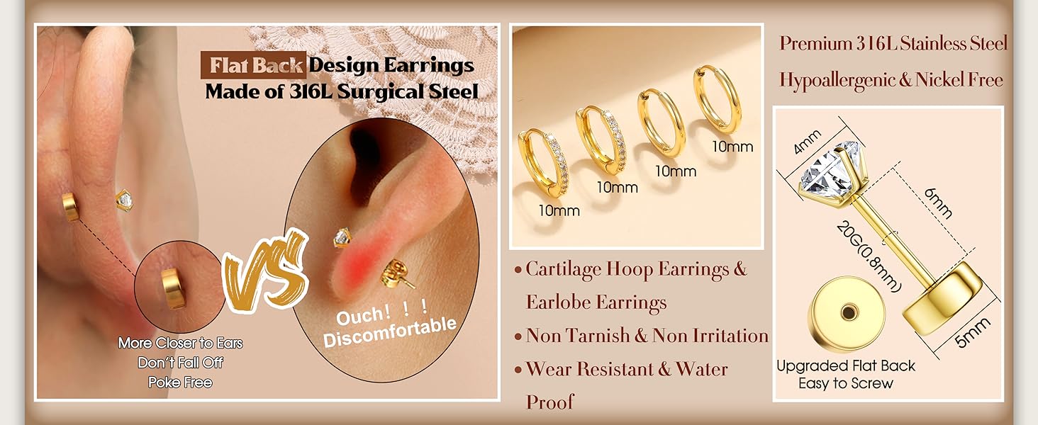MILACOLATO Hypoallergenic Flat Back Earrings for Women Men, 14K Plated Gold Cartilage Earrings Set for Multiple Piercing, Surgical Stainless Steel Small Hoop Flatback Stud Earrings Stacks Screwback for Sensitive Ears