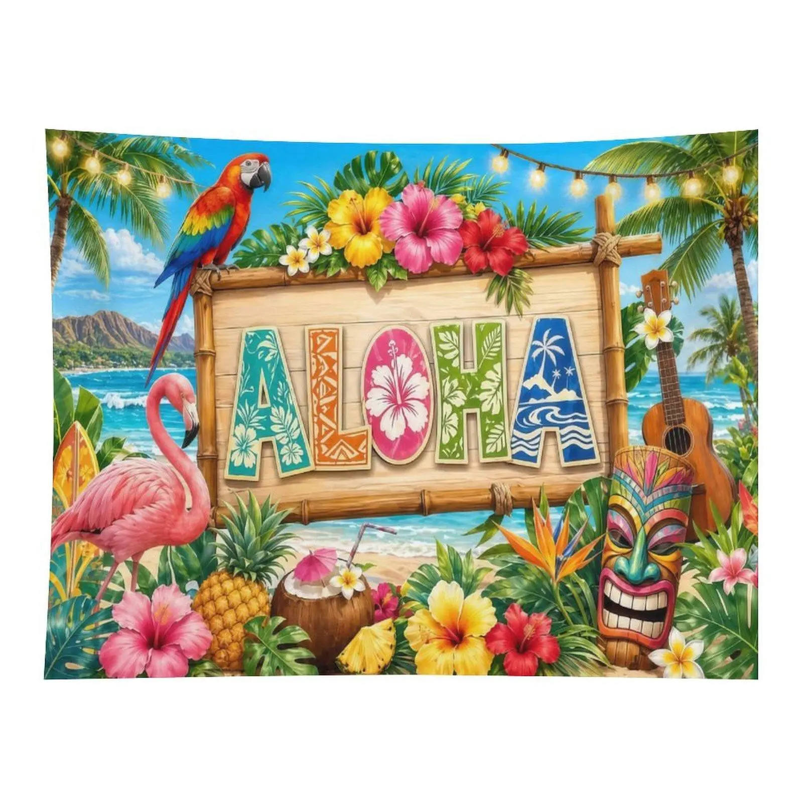 Tropical Aloha Beach Bamboo Sign Parrot Flamingo Hibiscus Tiki Wall Tapestry Wall Hanging, Bright Summer Hawaiian Vacation Floral Surf Decor for Coastal Girls Bedroom Backdrop