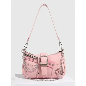 Fashionable Y2k Style Chain & Heart Design Underarm Bag, Stylish All-match Shoulder Bag, New Fashion Zipper Star Design Shoulder Bag for Women, Heart Studded Bag