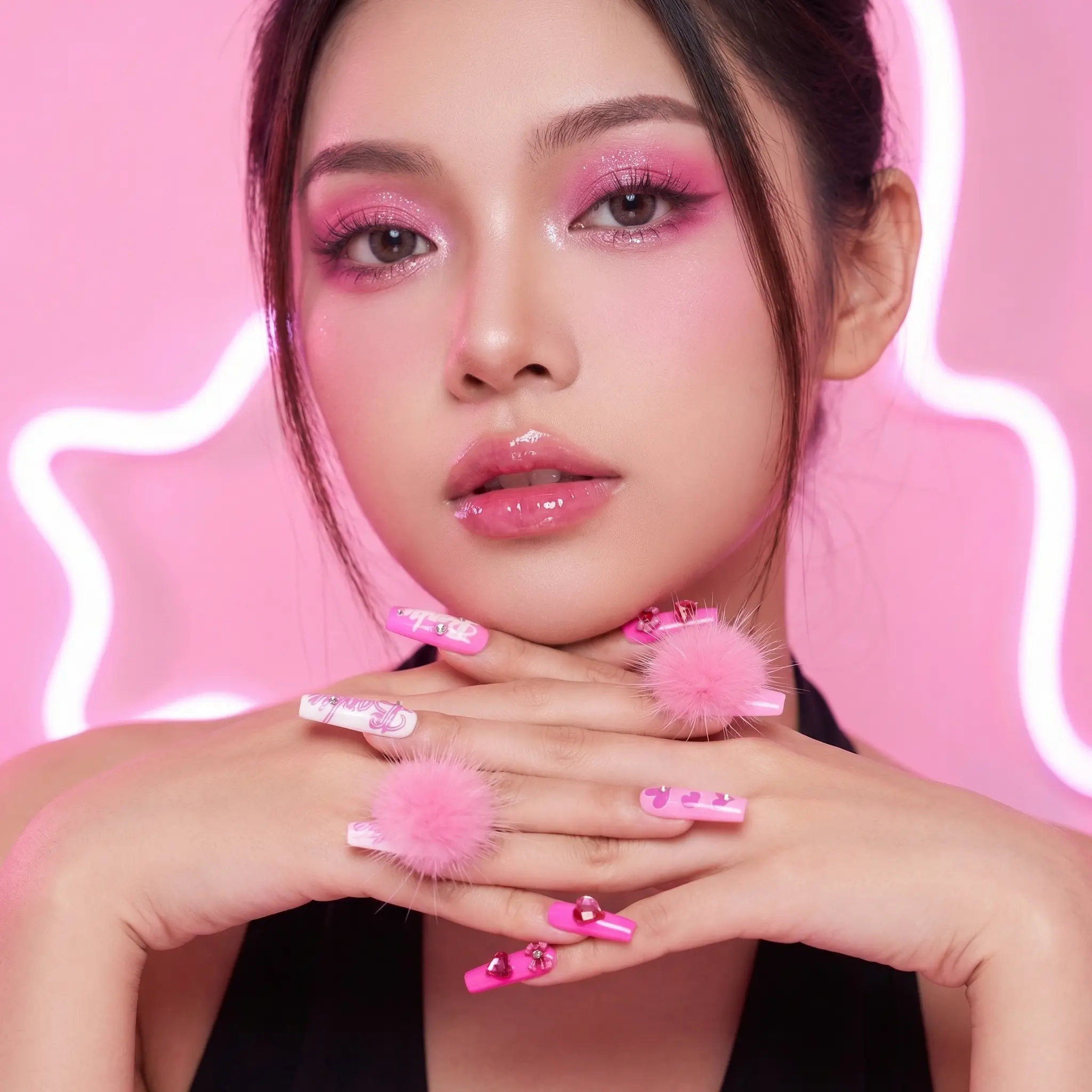 Banbie Pink false nails,method nails,Contains Jelly,Chrome,Sculptural,Gemstone,Nails in the title, attribute, or description,  Contains Luxury,Reusable,Stiletto,Nails in the title, attribute, or description,diamond ,heart  ,Retro Handmade Candy Press-On