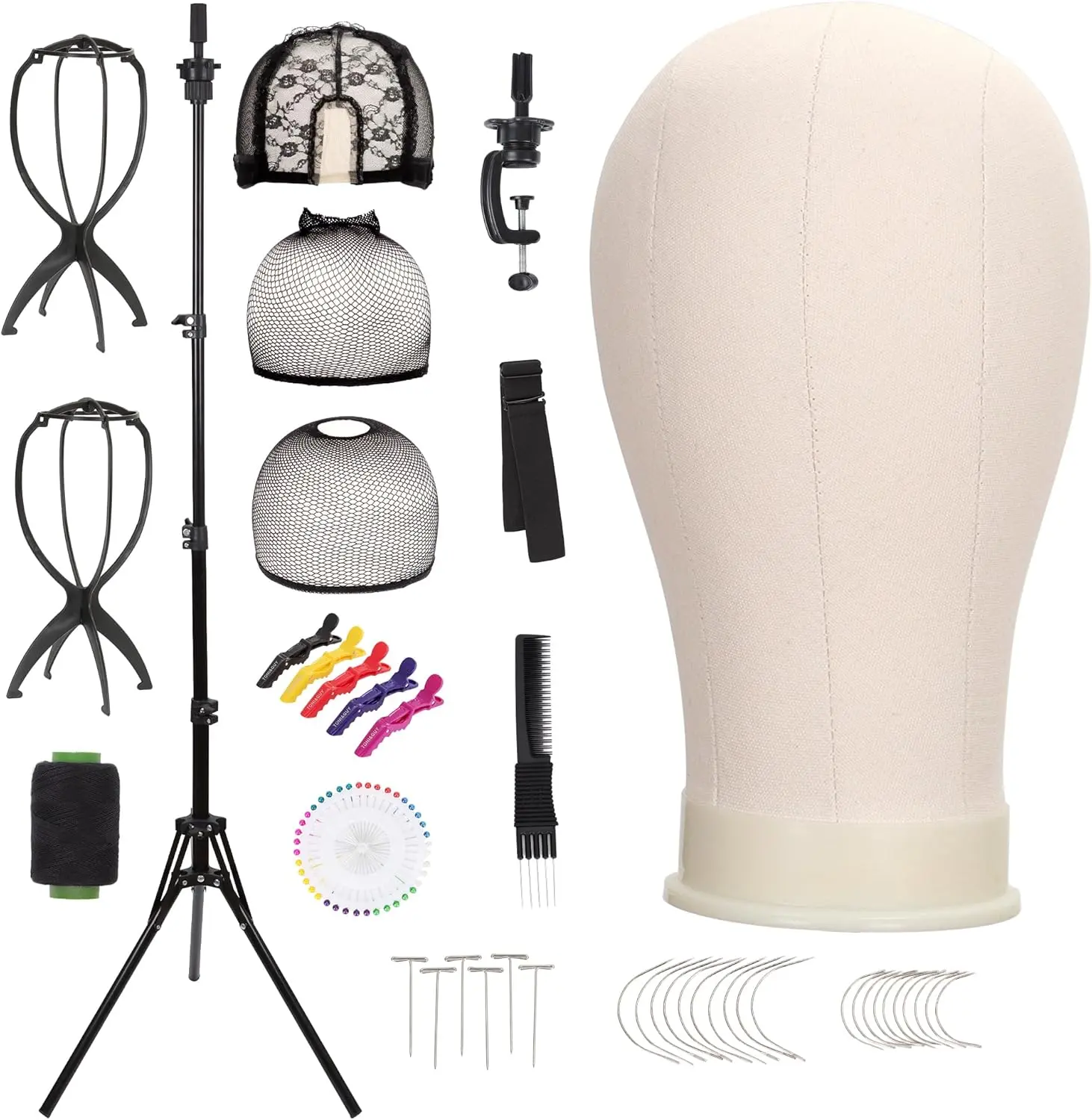 22'' Canvas Wig Head with 61'' Adjustable Tripod Stand, Mannequin Head Set for Styling, Display – Includes Caps, Elastic Bands, Stand & Tool Kit for Beginners and Professionals