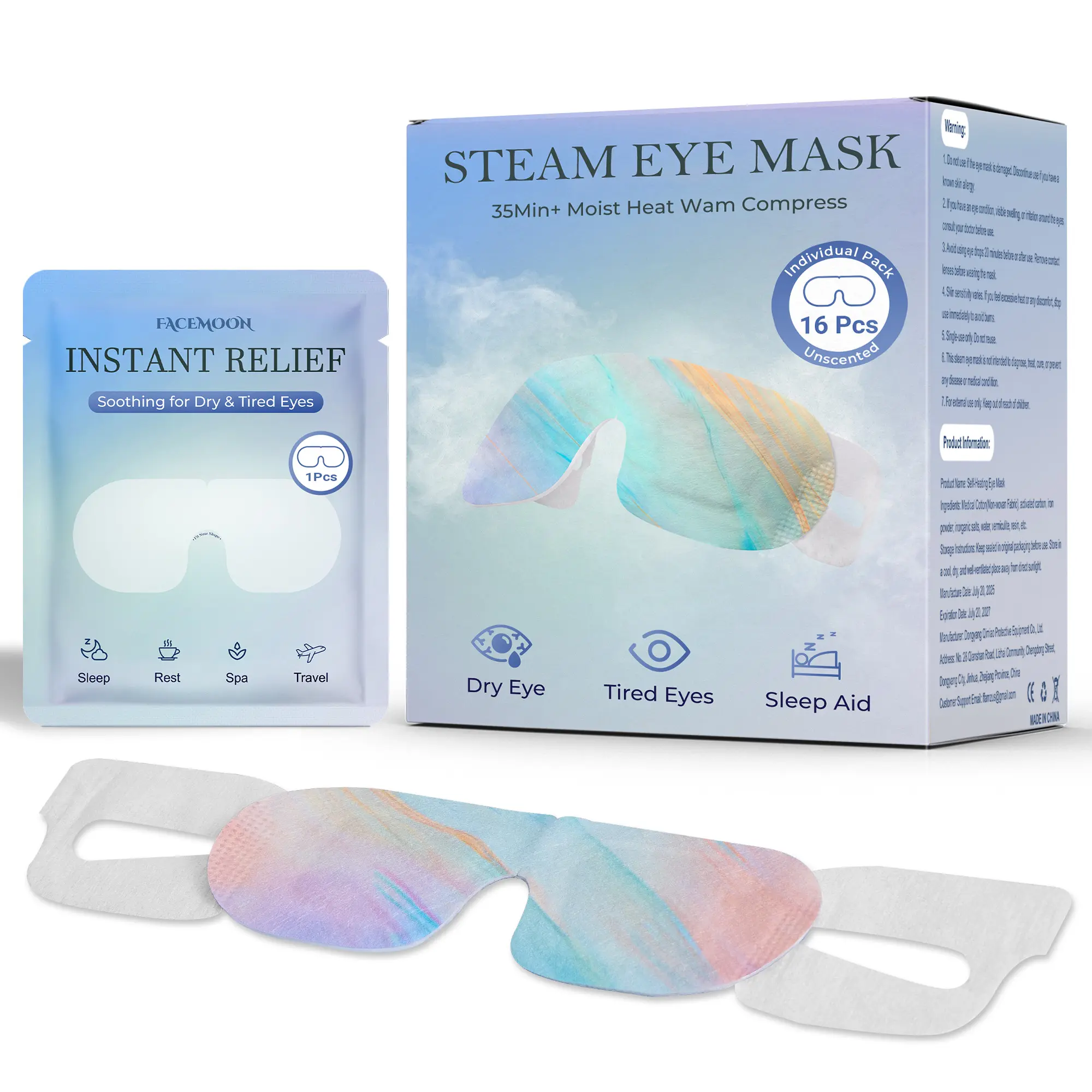 FACEMOON Disposable Heated Eye Masks, 16-Pack Unscented Self-Heating Steam Masks - No Microwave Warm Compress for Dry Tired Eyes, Office Travel Self-Care (Beauty & Personal Care), Heated Eye Mask, Disposable Eye Mask