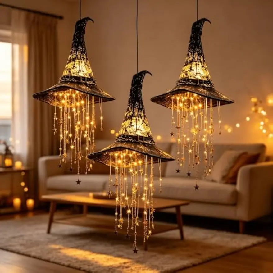 Halloween Light-Up Witch Hat Hanging Chimes - Lace Design, Warm LED Star Tassel Strings, Decorative Twinkle Ornaments for Front Porch, Tree, Lawn & Garden