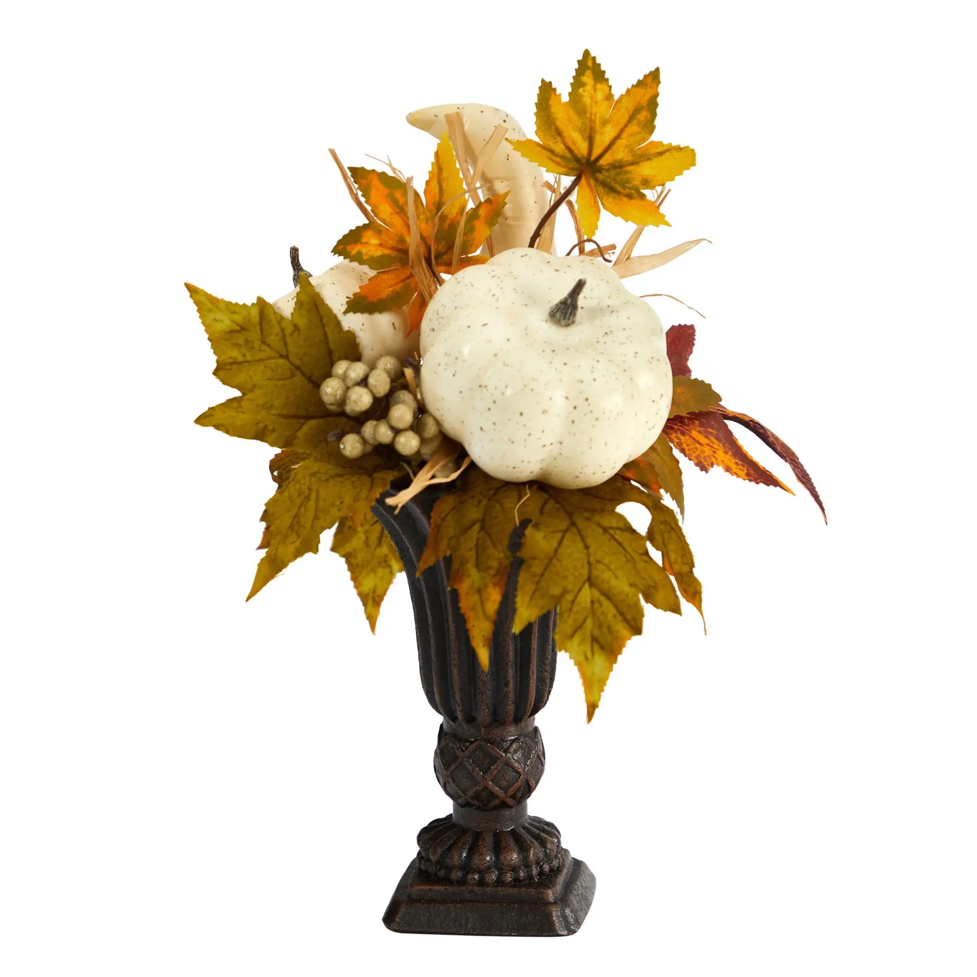 13 in Faux-Pumpkin Fall Arrangement with Berries, Flowers, Maple & Decorative Urn - Indoor Thanksgiving Home Decor Centerpiece, Home Supplies Faux Fruit Floral Decoration