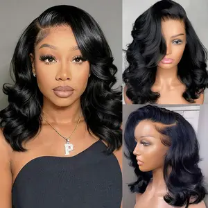 Wig Human Hair 6x8 Side Part HD Lace Front Wig 200 Density Pre Plucked Body Wave Wig Human Hair Wigs for Black Women Short Glueless Wig Body Wave Lace Front Human Hair Wig Natural Black
