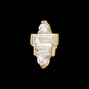 14Kt Gold Threadless 3D Geometric Baguette & Round Gem Flatback Stud Earring