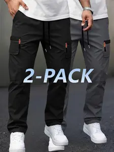 Men’s 2-Pack Lightweight Ice Silk Outdoor Work Pants for Spring/Autumn: Large Capacity Zippered Pockets, Elastic Waistband, Flap Inset Slant Pockets — Perfect for Hiking, Fishing, Camping, Climbing, Sports, Gym, Running, and Everyday Casual Wear.