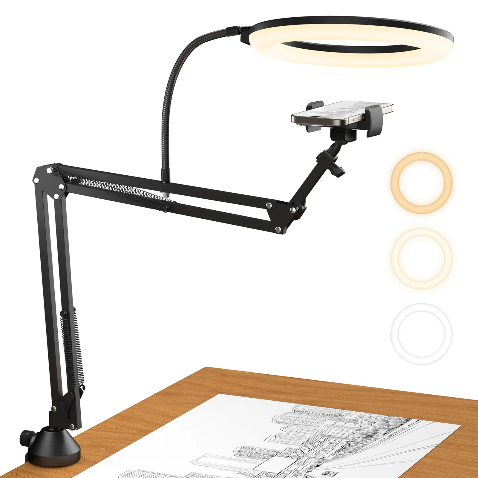 TONOR 10" Overhead Ring Light Kit, Boom Arm & Phone Holder, Selfie Accessories, Adjustable Angle for Overhead Shots, Drawing, Sewing, Baking, DIY Crafts, Nail Art, Live Streaming & Content Creation, back to school