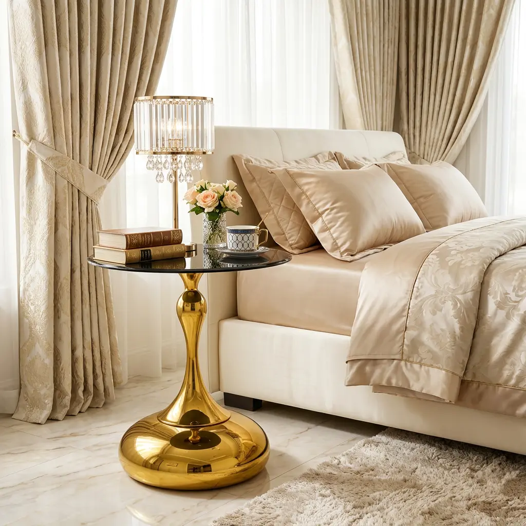 Luxury Round End Table, Small Black Tempered Glass Top Side Table with Elegant Gold Metal Base, Modern Circular Martini Accent Table, Minimalist Circle Sofa Table for Tea Drinks, Perfect for Living Room, Balcony, Couch Side, Office and  Home Decor outdoor