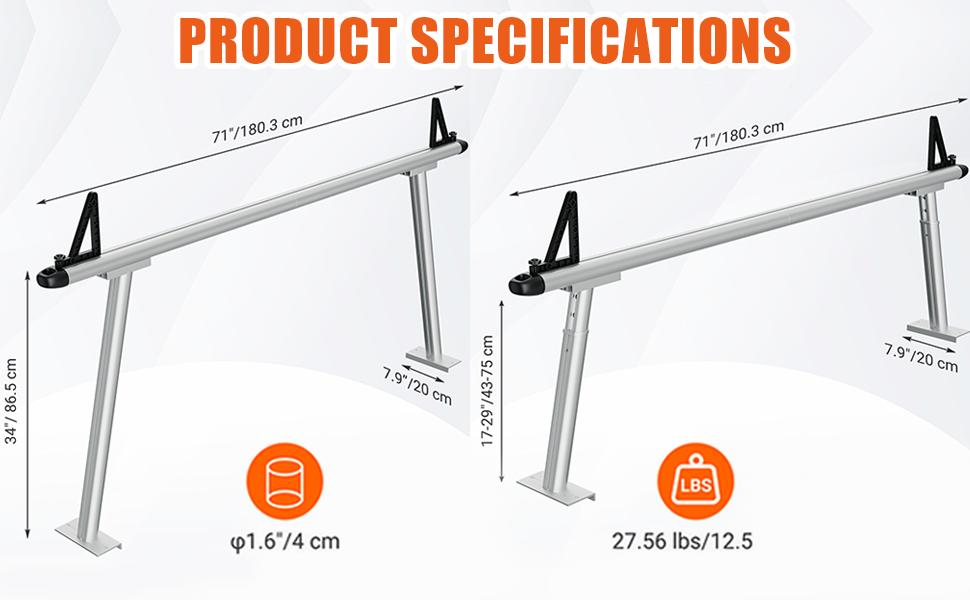 【GARVEE】71" Aluminum Ladder Truck Rack with 800lbs Capacity, Includes 8 Non-Drilling C-Clamps, Heavy Duty Two-Bar Set for Secure Truck Bed Use