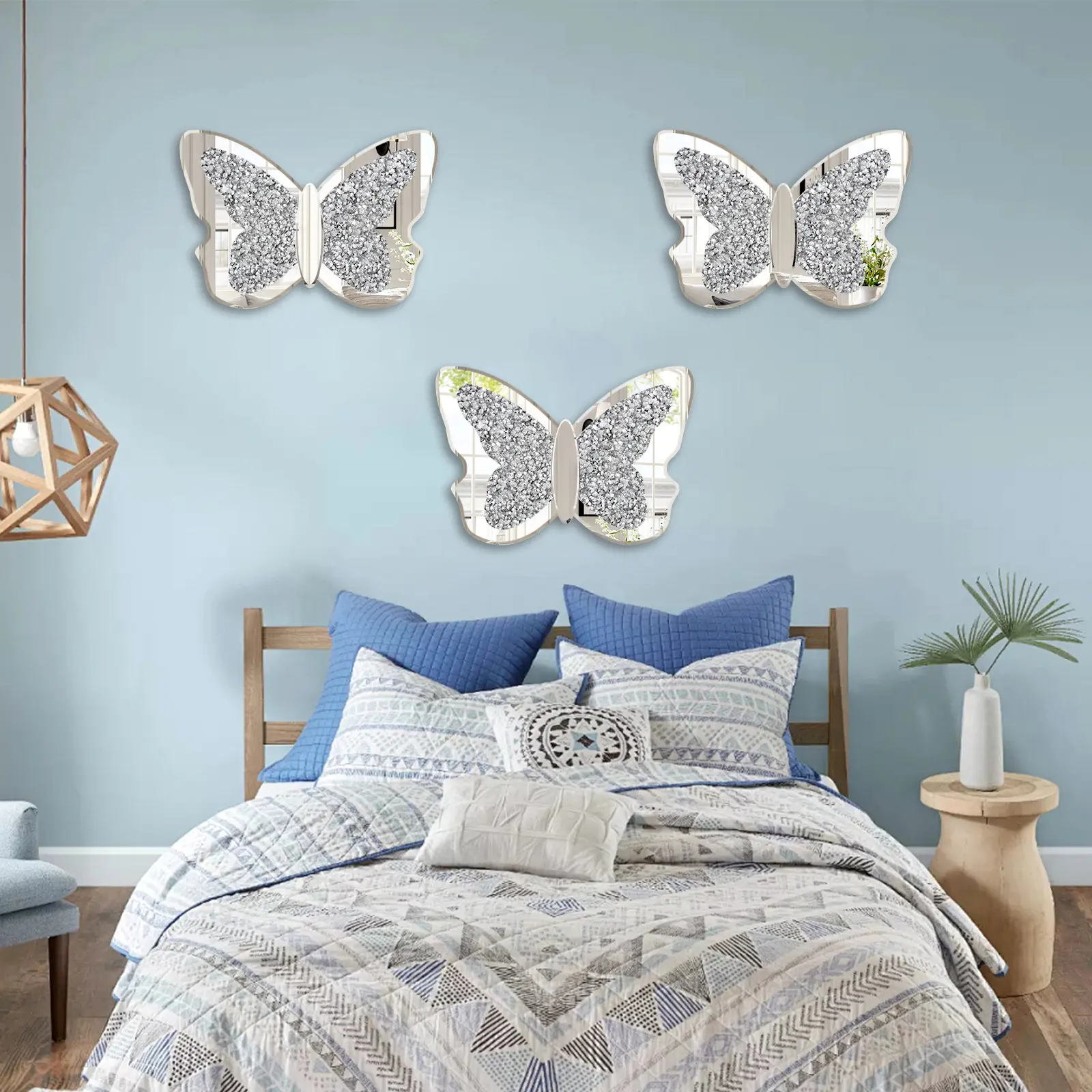 Large Butterfly Shaped Bling Crystal Glass Crushed Diamond Silver Wall Mirror, 13.39inX19.69in Indoor Furniture for Girls’ Room, Wedding Décor, Butterflies, Animals