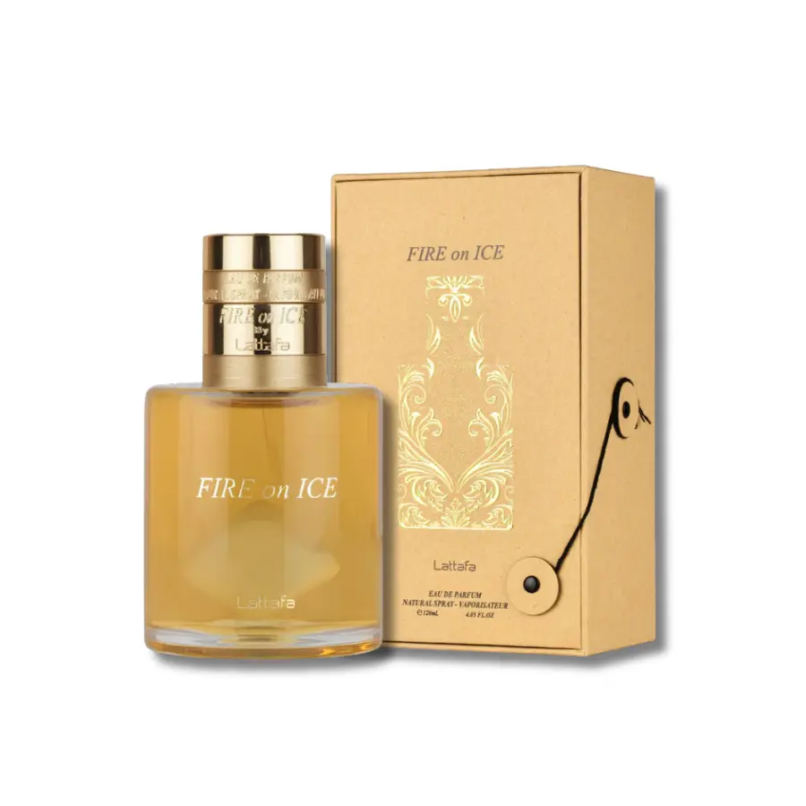 Lattafa Fire On Ice Eau de Parfum Spray (3.4 fl oz) - Regular Edition Unisex Aromatic Woody Oriental Liquid Fragrance, Floral Amber, Intense Vanilla, Gourmand Cognac, Caramel, Frosted Rose Heart, Luxurious Scent, Long-Lasting for Adults, Day-Night Use, Fl