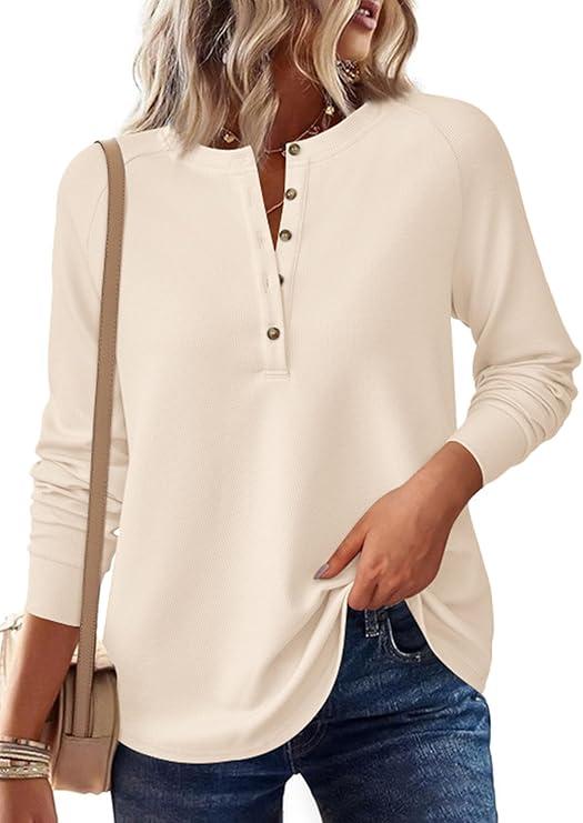 PrettyGarden Women's Button Up Waffle Top Long Sleeve Knit Shirts Fall Casual Henley V Neck Tunic Tops Loose Fit Basic Tees