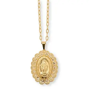 Bellezza Bronze Virgin Mary Lace Frame Oval Pendant with Chain