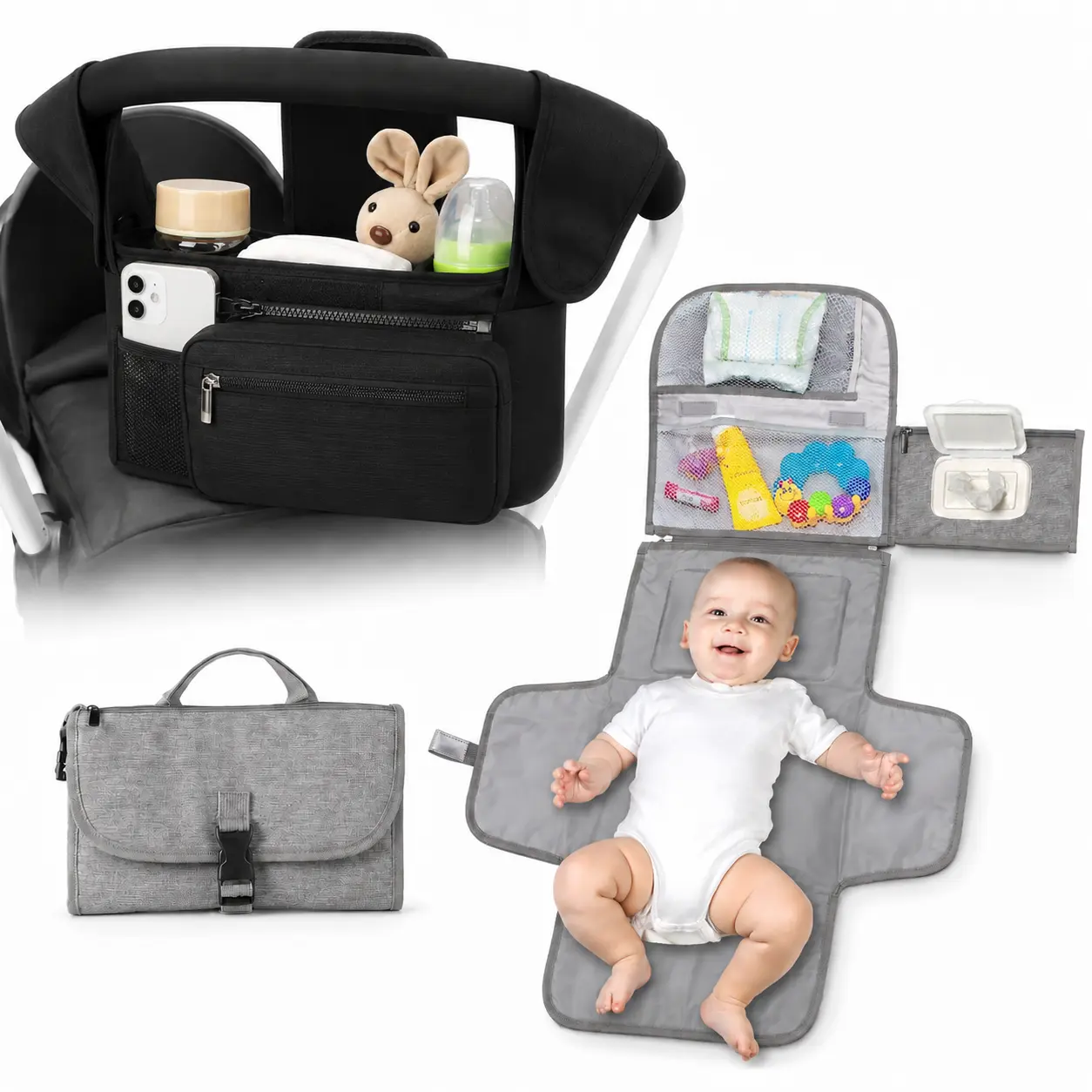 Stroller Organizer & Portable Baby Changing Pad Set, Insulated Cup Holder, Detachable Phone Bag, Shoulder Strap, Multi-Pocket Stroller Caddy for Uppababy, Baby Jogger, Britax, BOB & Umbrella Strollers