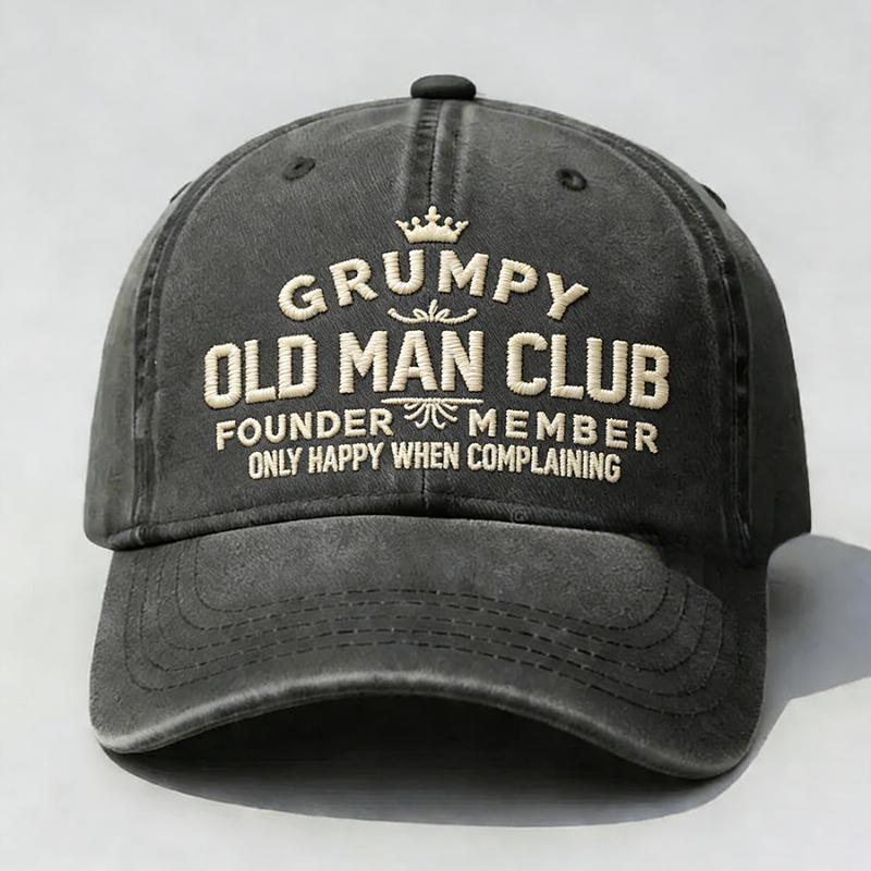 Grumpy Old Man Club Embroidered Washed Dad Hat, Founder Member Vintage Cap, Funny Complaining Quote, Relaxed Low Profile Baseball Hat Gift for Men