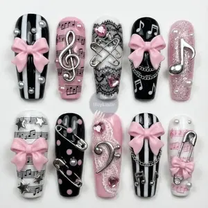 SA9 Pink Black Music Press-On Nails, 3D Bow and Musical Note Charms, Safety Pin and Chain Details, Glossy Kawaii Statement Nail Art, Gift for Her, Handmade Press-On Nails