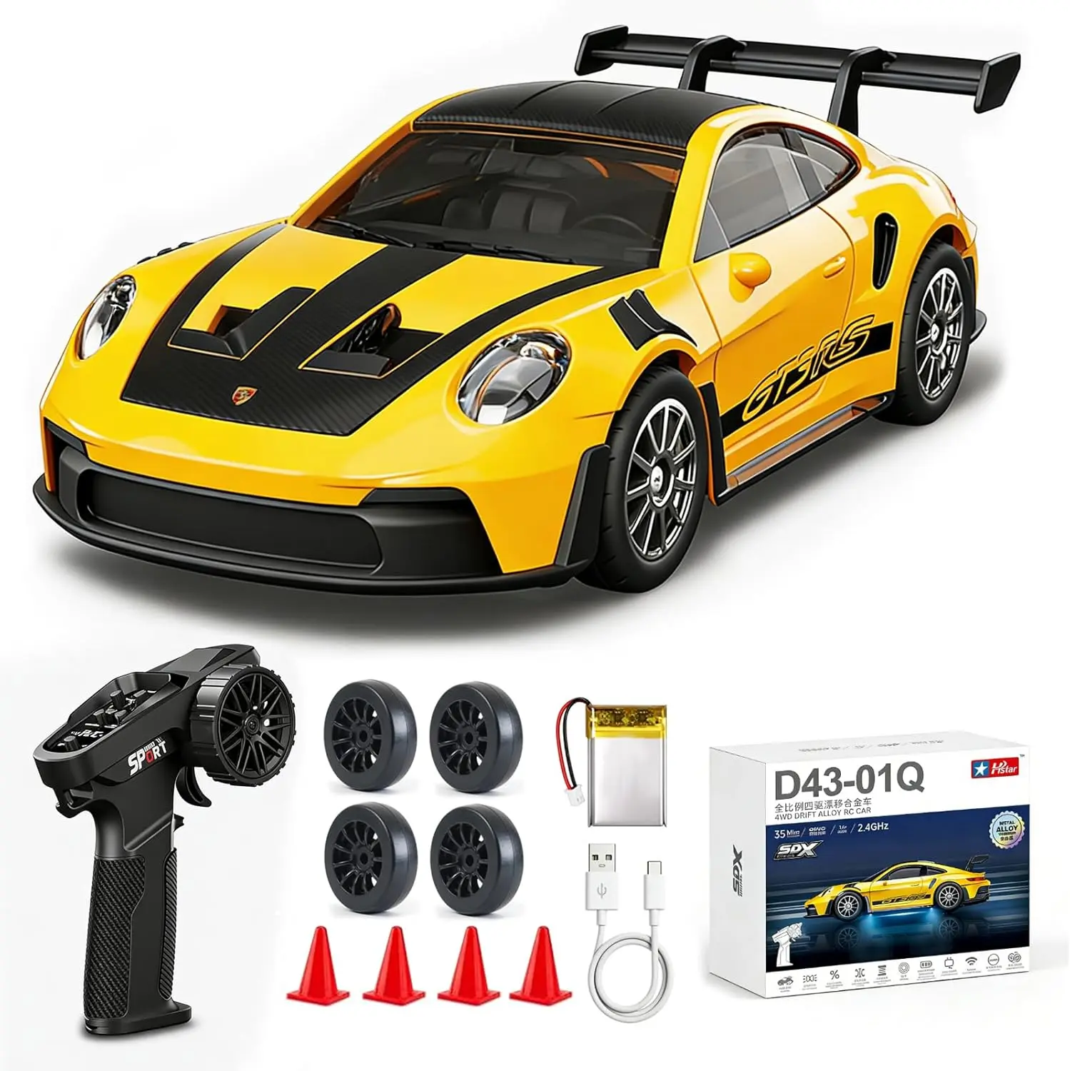 Mini Porsche 911 RC Car 1/43, Alloy 4WD Drift RC Vehicle with Gyro & LED Lights, 2.4G High Speed Remote Control Hobby Toy, ARRIS Version for Men Gift Rc Model Car Racing Car Model