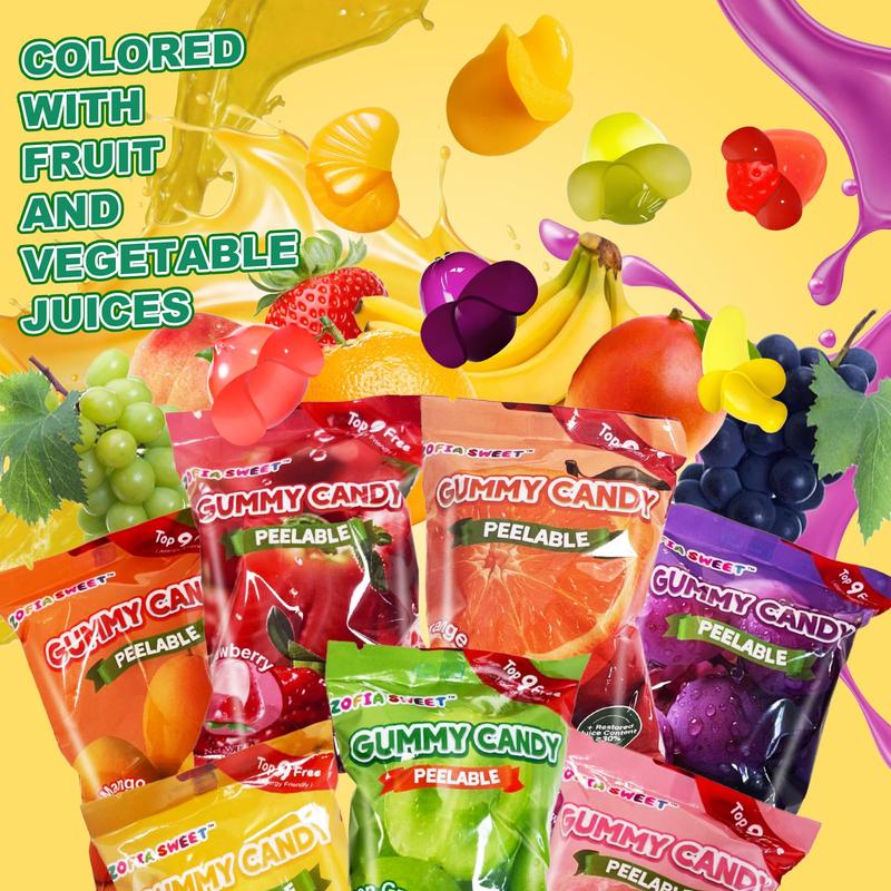 7 Friuts in 7 Packs Assorted Gummy Candies Individually Wrapped, Peelable Fruit-Shaped Gummies Candy made with Real Fruit Juice (≥30%), Chewy Peeling Candy Gummy Snacks Net 350g/12.35oz