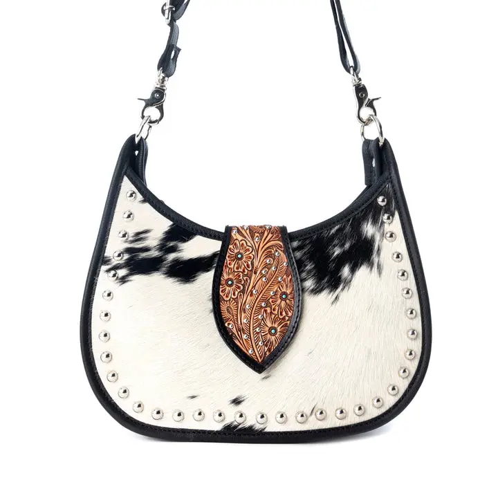 Myra Santa Fe Handtooled Women's Crossbody Shoulder Bag - Black Calf Skin with Hairon, Studded Details, Buckle Closure, Inside Pocket, Western Boutique Style Casual Shoulder Purse, Fashionable Bag, Fashionable Bags