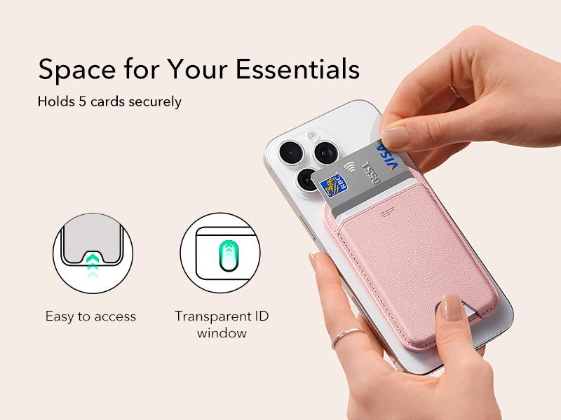 ESR Upgraded Aura for MagSafe Wallet, 5 Card-Holder with Adjustable Stand, Magnetic Wallet for iPhone 17/16/15/14/13/12 Series, Not for iPhone Mini, Vegan Leather, Pink