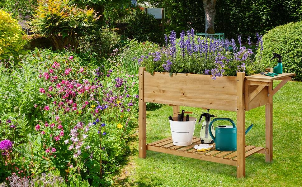 【Foldable Table Ledge】Yaheetech Solid Wood Elevated Garden Bed Planter Box with Removable Grow Grids, Fabric Inner Liner 【Foldable Table Ledge】Yaheetech Solid Wood Elevated Garden Bed Planter Box with Removable Grow Grids, Fabric Inner Liner