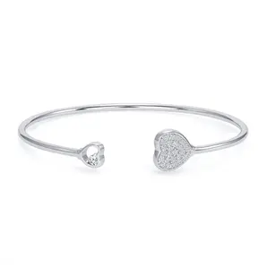 925 Sterling Silver 2 Heart Cuff Bangle Bracelet Rhodium Plated Cubic Zirconia for Women, Italy