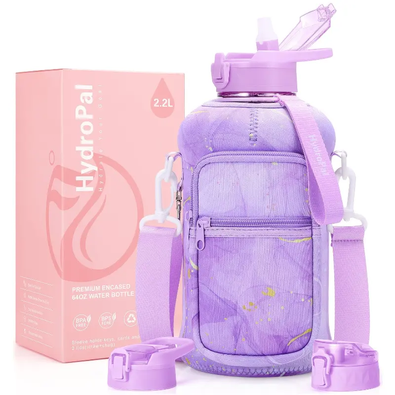 HydroPal 2.2L BPA-Free Sports Water Bottle - 2 Lids (Straw, Chug), Storage Sleeve, Carry Strap, Gym Accessories, BPA-Free Sipping for Gym, Hiking