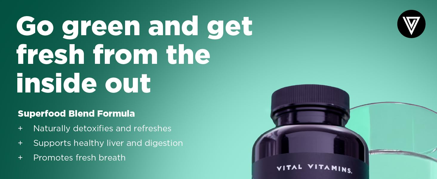 Vital Vitamins Chlorophyll Complex | Detox, Body Odor Control, Liver & Digestive Support | Spirulina, Chlorella, Parsley, Mint & Activated Charcoal | 60 Capsules Herbal Supplement Natural Healthcare