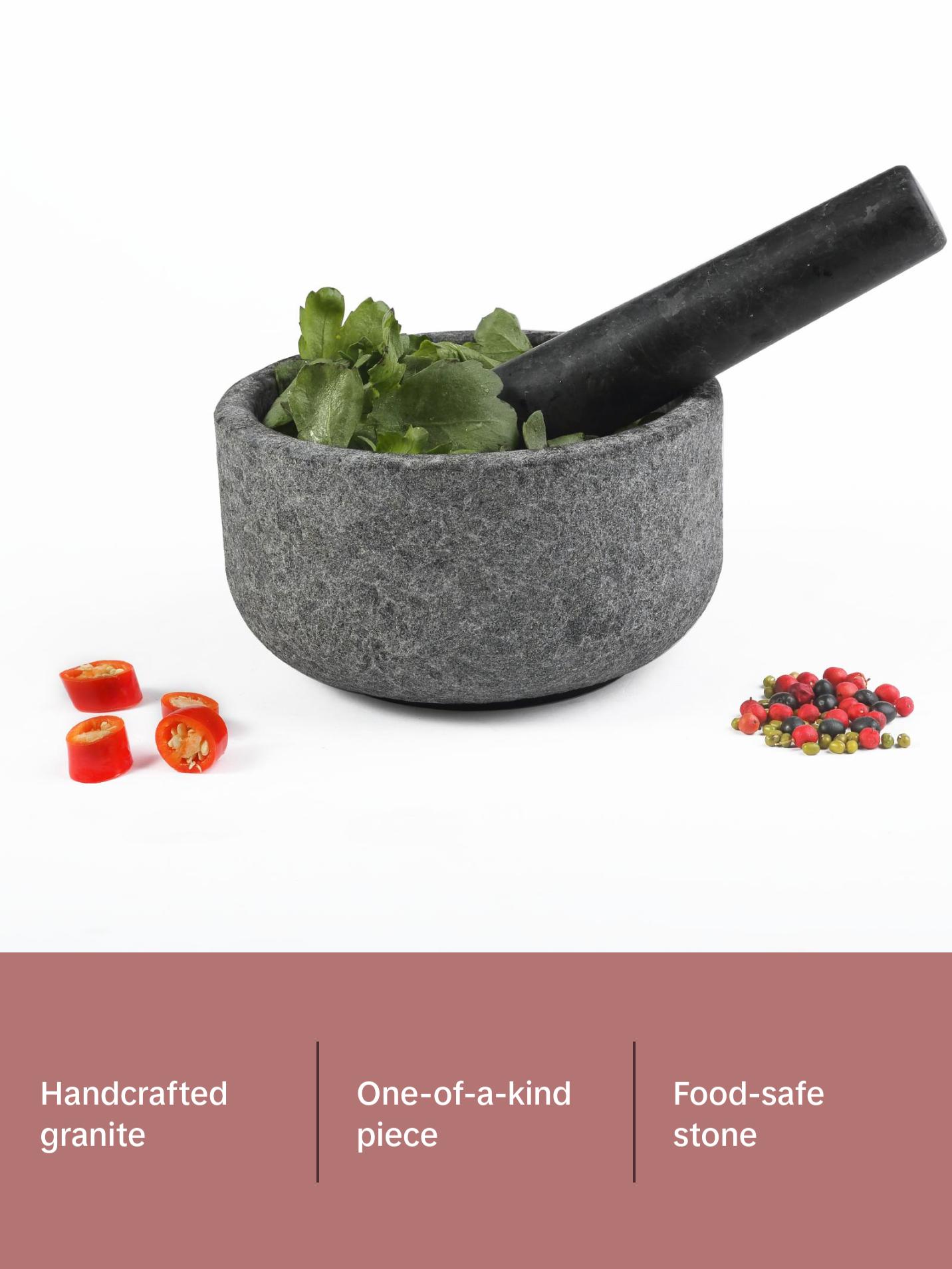 Natural Granite Mortar and Pestle Set, Grinder Bowl for Guacamole, Salsa, Pill Crusher, Spice, Herb, Garlic, Nut, Heavy Duty Grinder for Kitchen (Sandblasted Finish)