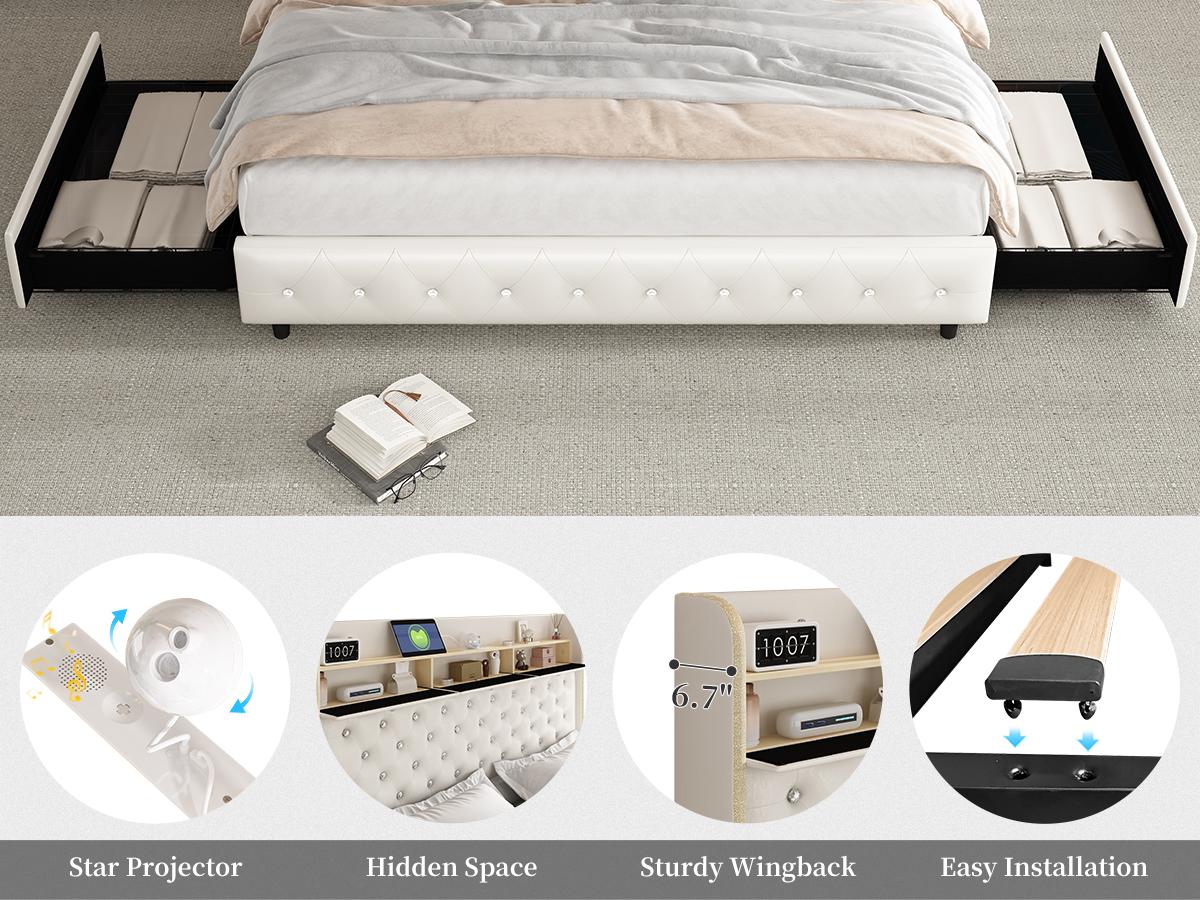 Sibeds Queen LED Bed Frame with Bookcase Storage Headboard, Galaxy Star Projector, 2 Storage Drawers, Noise-Free, Tall Tufted Headboard, No Box Spring Needed, PU Leather Black,Modern Design Home Interior Furniture