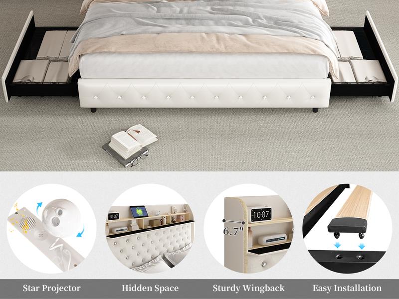 Sibeds Queen LED Bed Frame with Bookcase Storage Headboard, Galaxy Star Projector, 2 Storage Drawers, Noise-Free, Tall Tufted Headboard, No Box Spring Needed, PU Leather Black,Modern Design Home Interior Furniture