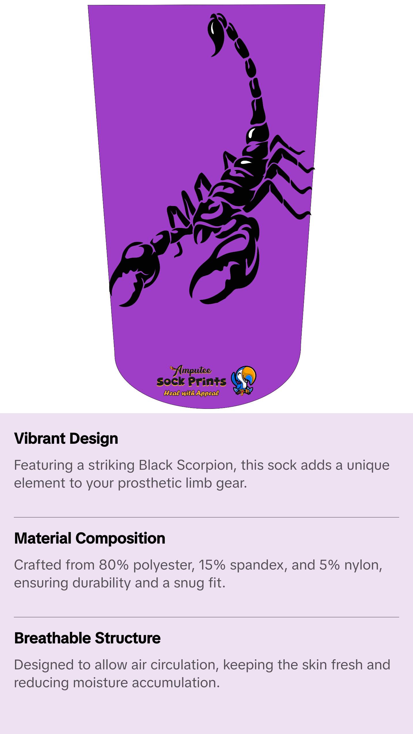 Amputee Sock "Black Scorpion Purple Bgnd Mockup V1", Prosthetic Limb Sock, 3ply Stump Sock