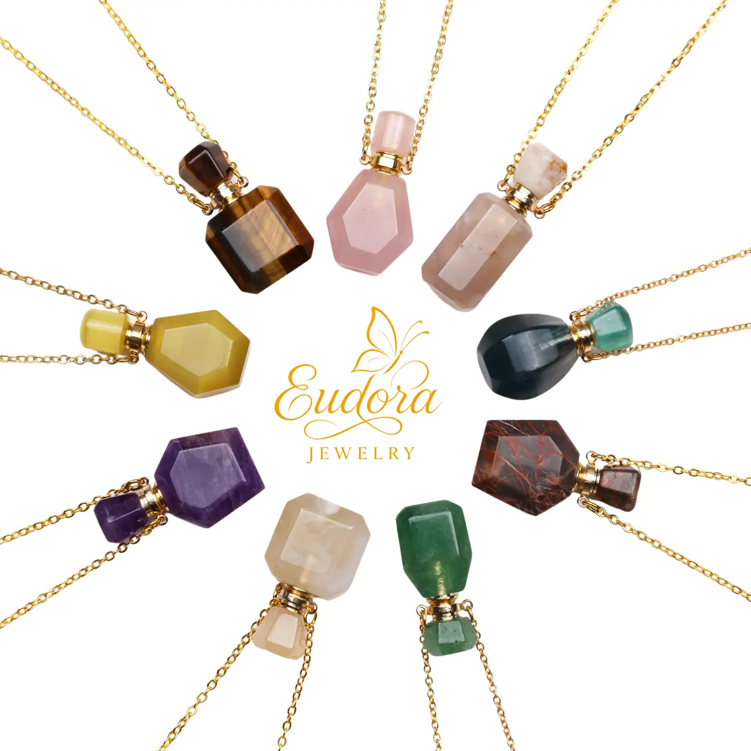 Eudora Essential Oil Diffuser Necklace, Natural Crystal Rose Quartz Perfume Bottle Pendant, Wearable Fluorite Amethyst Aromatherapy for Healing Jewelry Gift