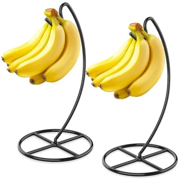 2 Pack Banana Holder, Banana Tree Stand Metal, Banana Stand Holder, Holds Up to 15LB Banana or Grape, Banana Rack for Kitchen Counter, Black